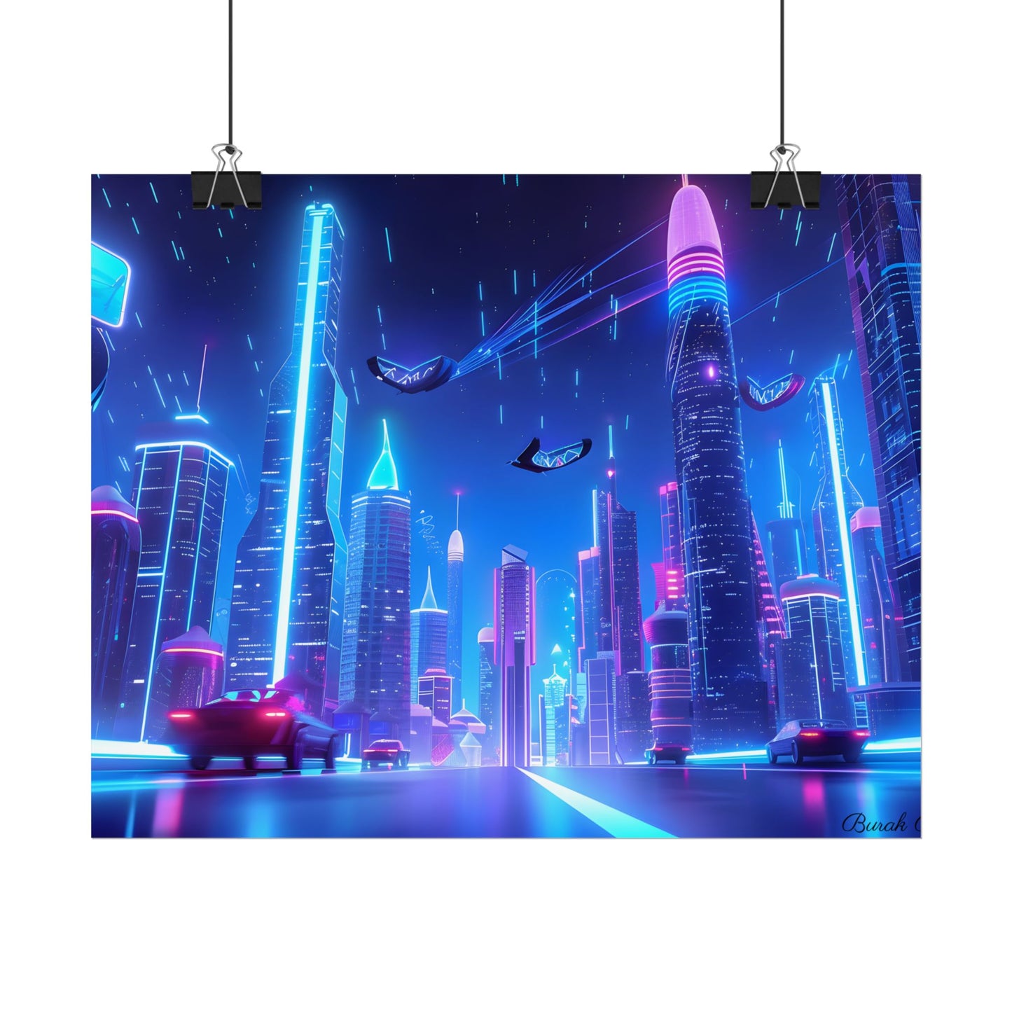Vibrant Futuristic Cityscape: Neon Lights at Night Digital Artwork - Poster