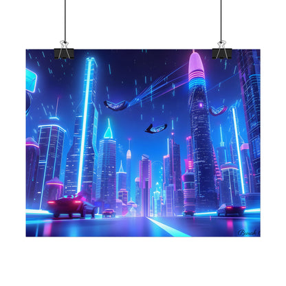 Vibrant Futuristic Cityscape: Neon Lights at Night Digital Artwork - Poster