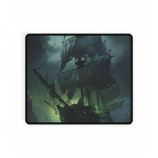 Ghostly Pirate Ship at Twilight: Eerie Ocean Art - Desk Mat