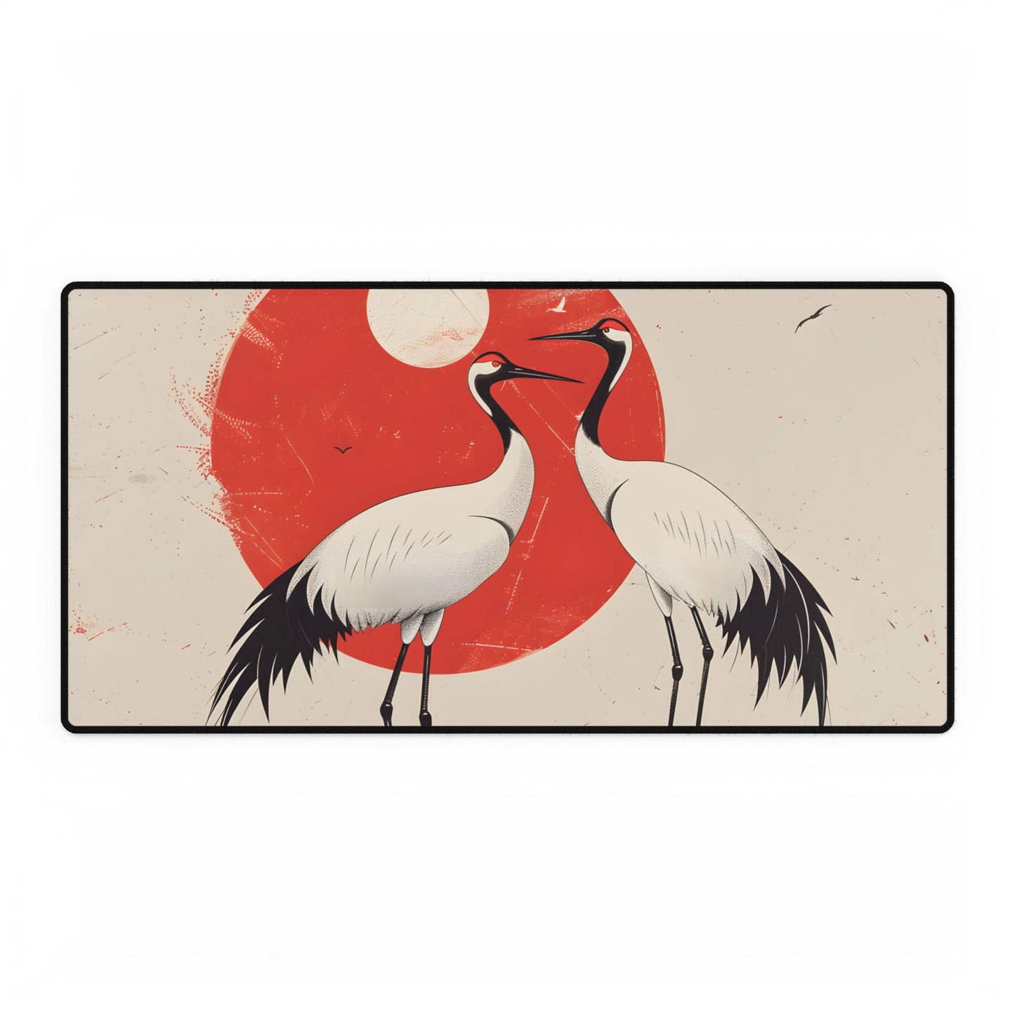 Serene Wildlife Sanctuary: Cranes in Red Nature Scene Art - Desk Mat