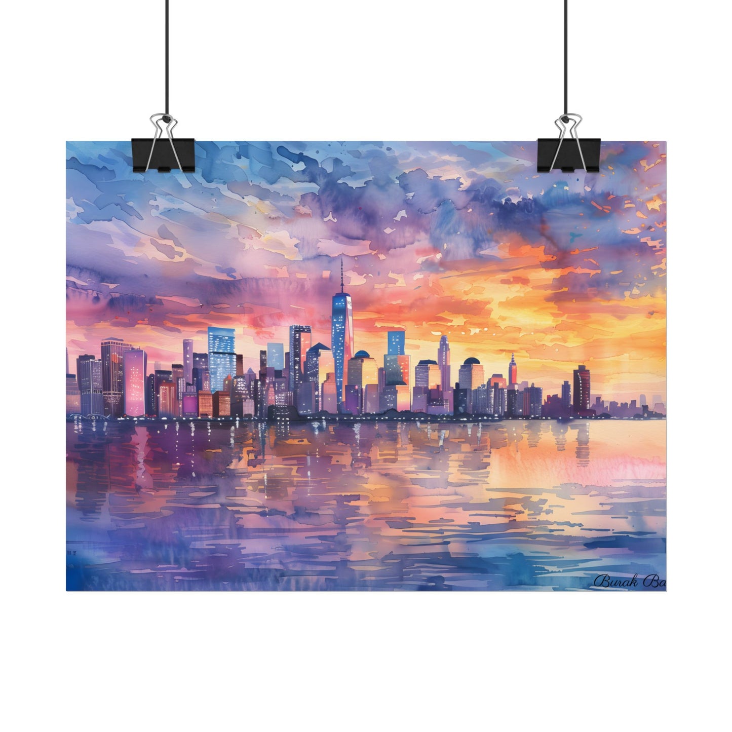 Serene NYC Sunset: Watercolor Skyline Reflections - Poster