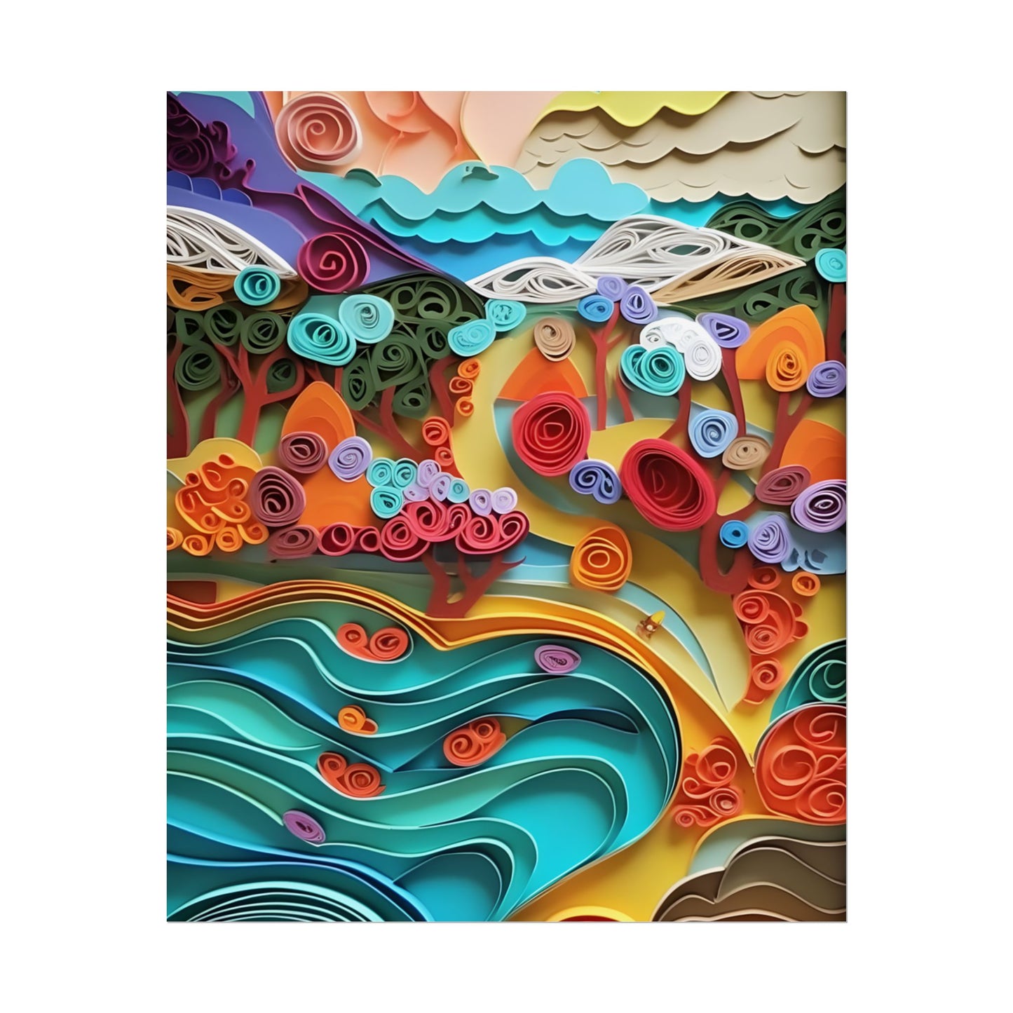 Paper Quilled Beach Bliss: Artistic Coastal Landscape - Poster