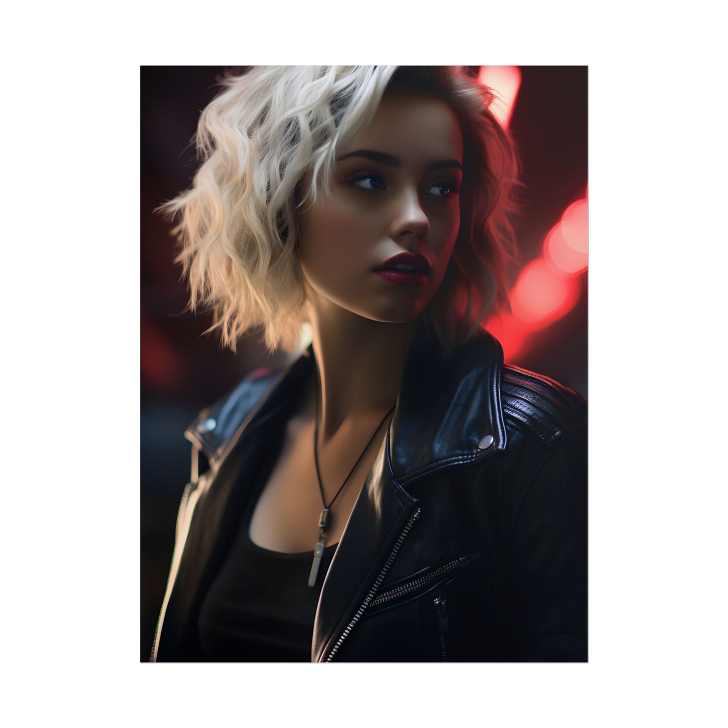 Cyberpunk Blonde: Closeup Portrait in Neon Hues - Poster