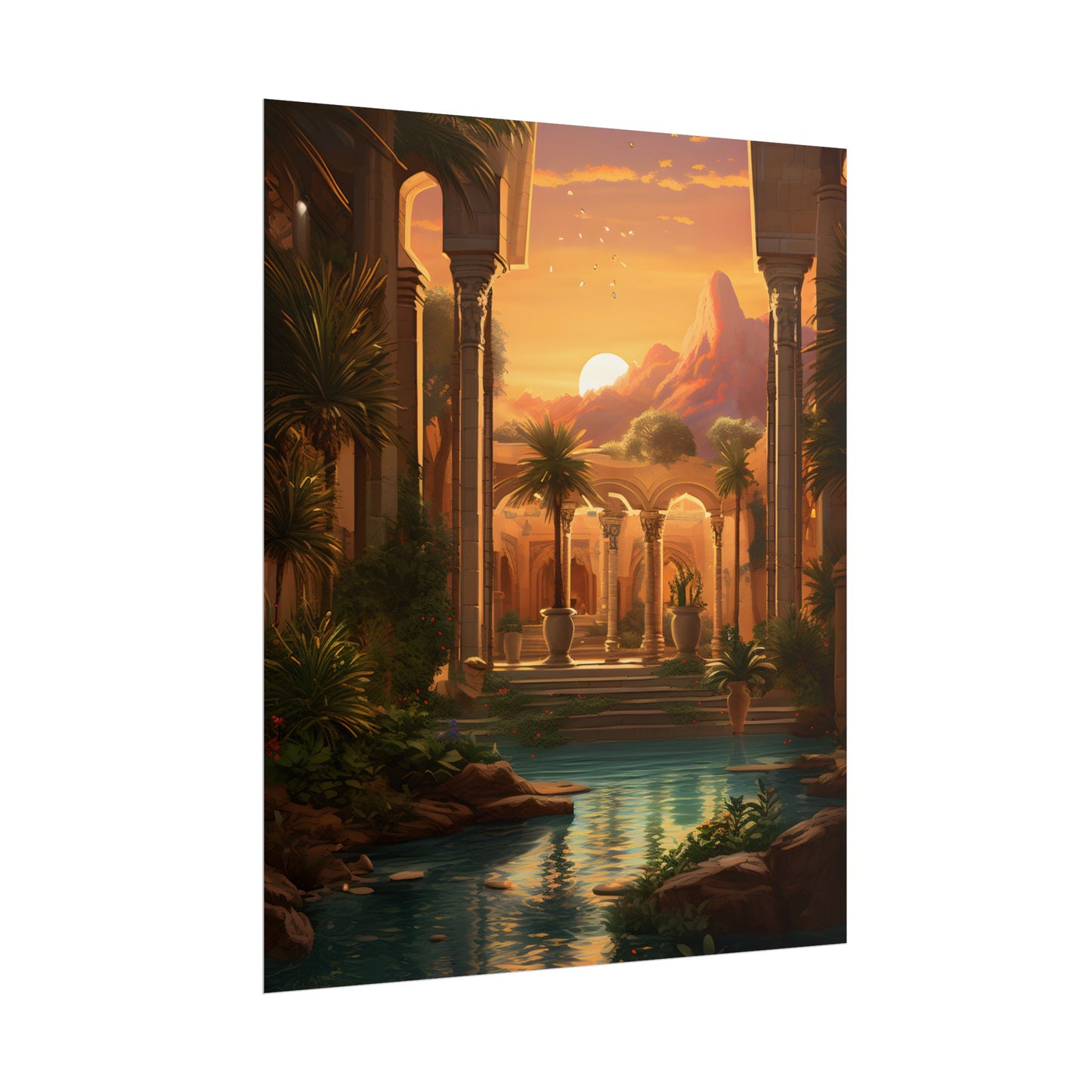 Desert Oasis at Sunset: Magical Desert Artwork - Poster