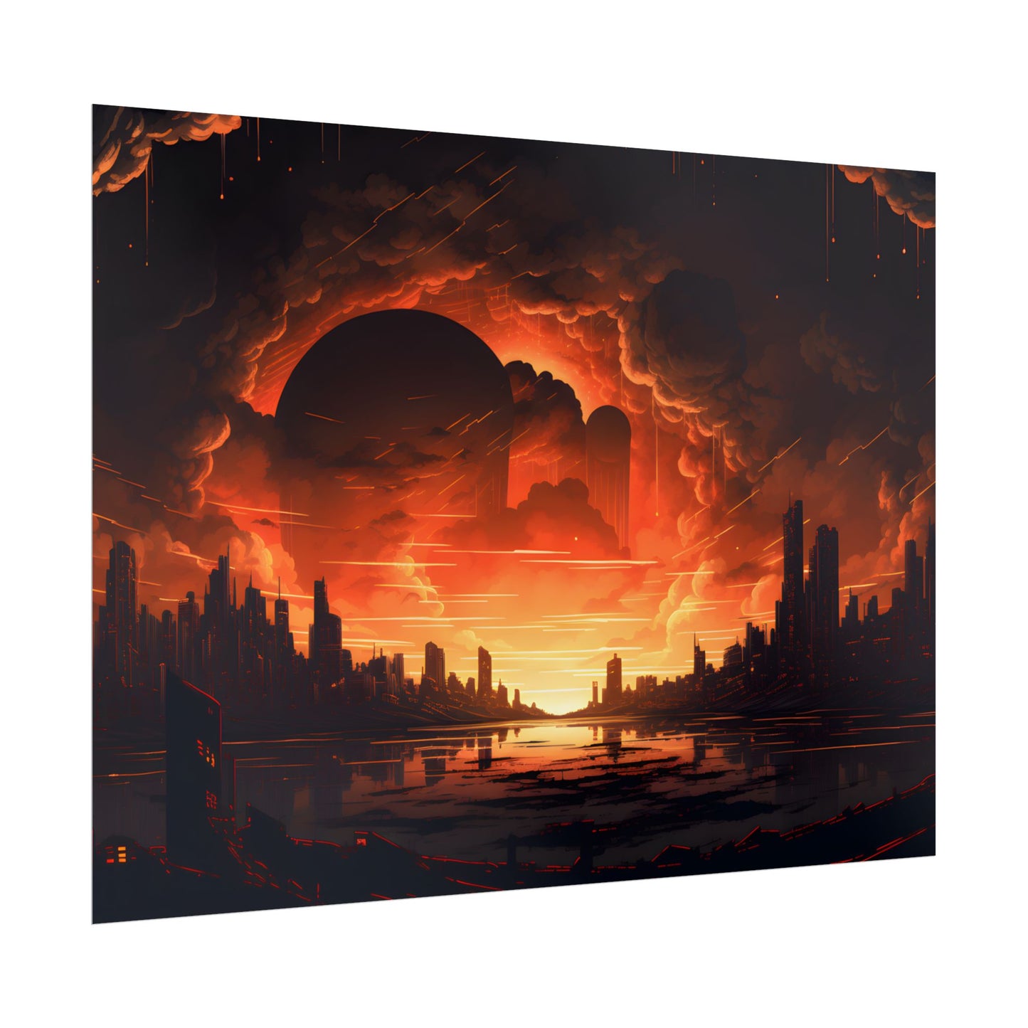 Futuristic Cyberpunk Night: Burning Cityscape Landscape Art - Poster