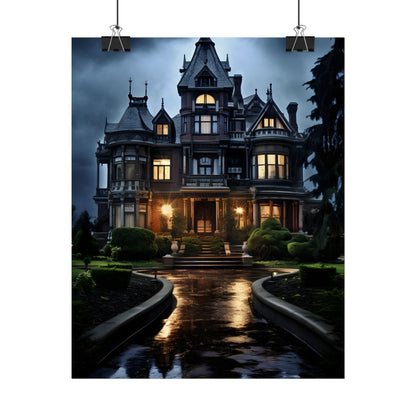 Haunted Victorian Mansion: Spooky Stormy Night Art - Poster