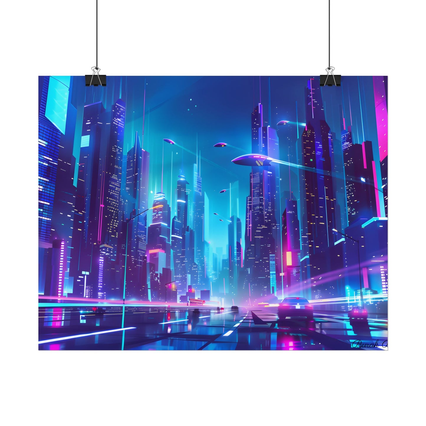 Futuristic Neon City: Towering Skyscrapers in a Vibrant Nighttime Sky - Poster