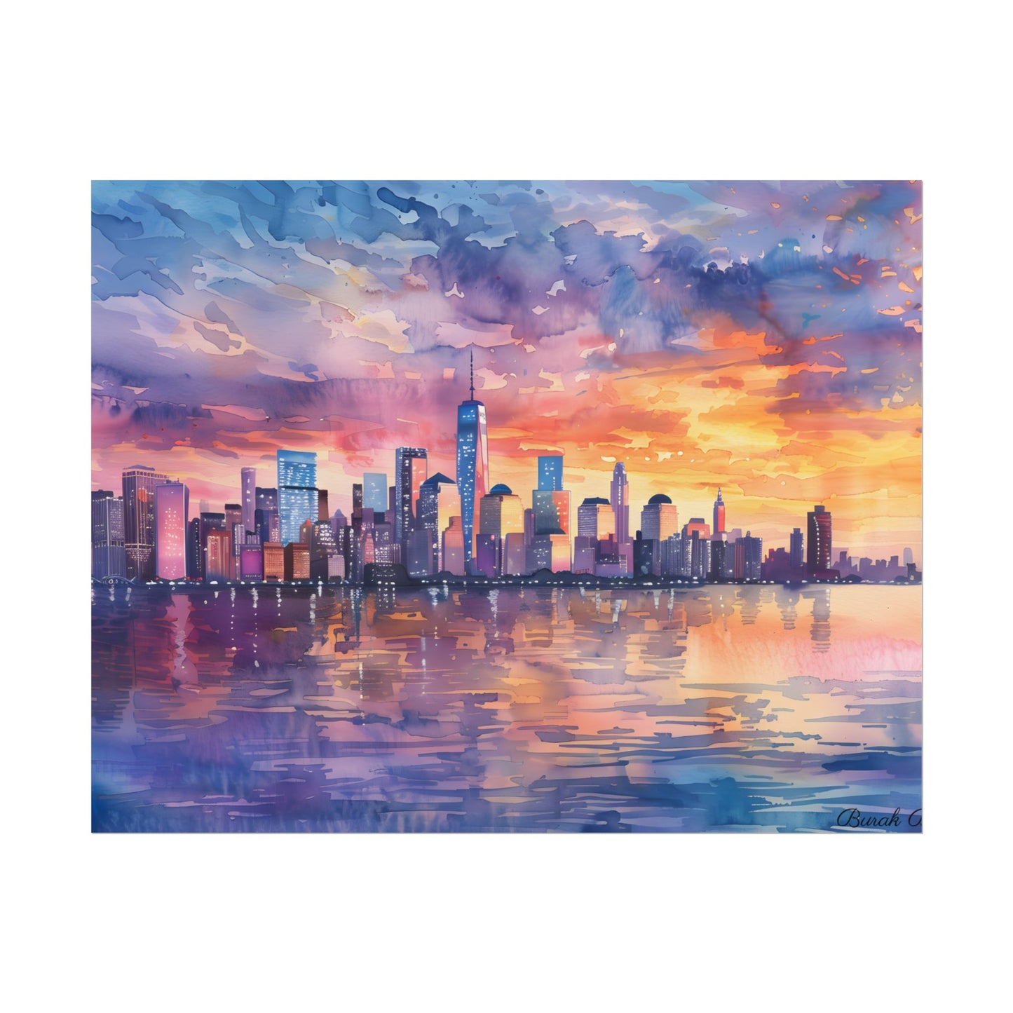 Serene NYC Sunset: Watercolor Skyline Reflections - Poster