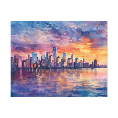 Serene NYC Sunset: Watercolor Skyline Reflections - Poster