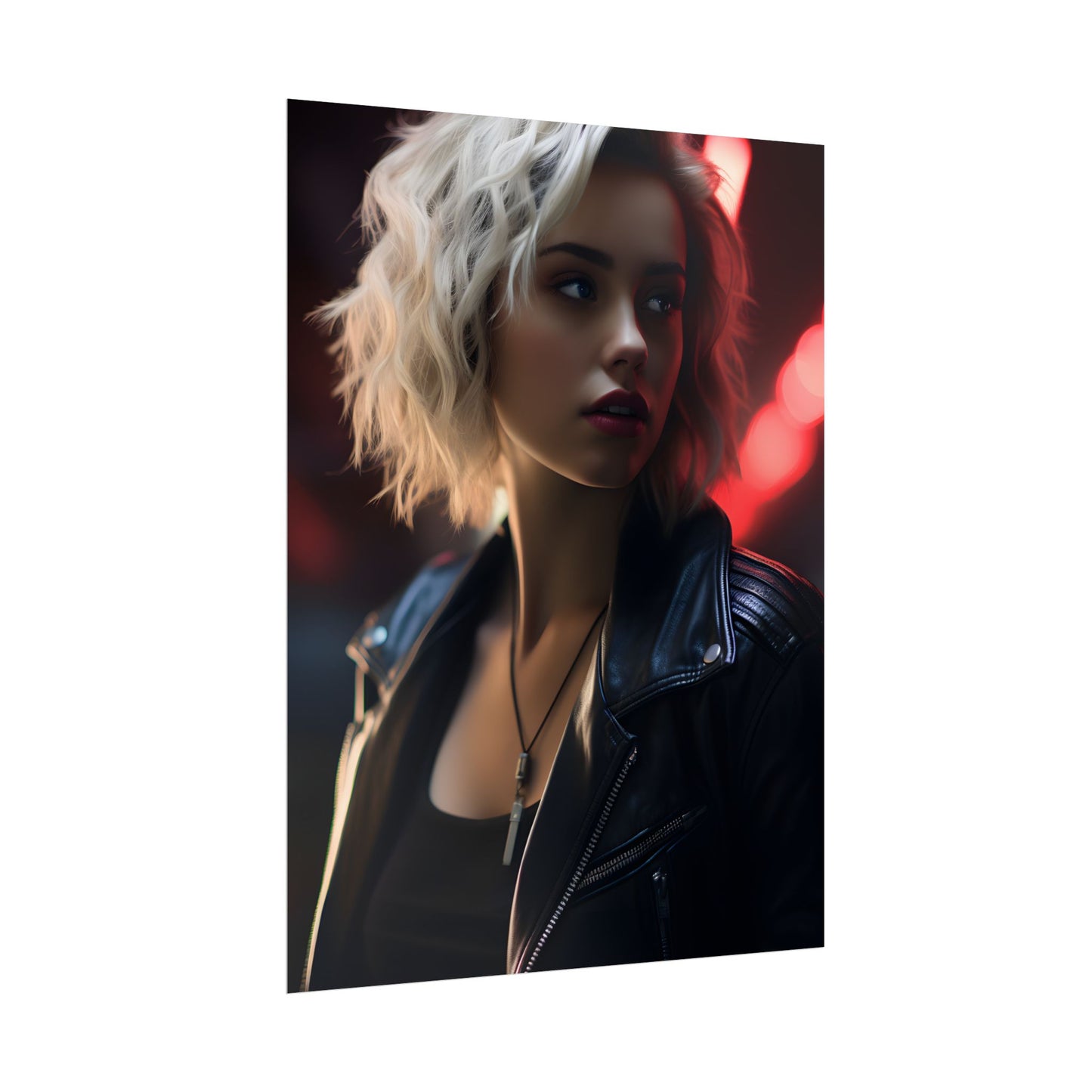 Cyberpunk Blonde: Closeup Portrait in Neon Hues - Poster