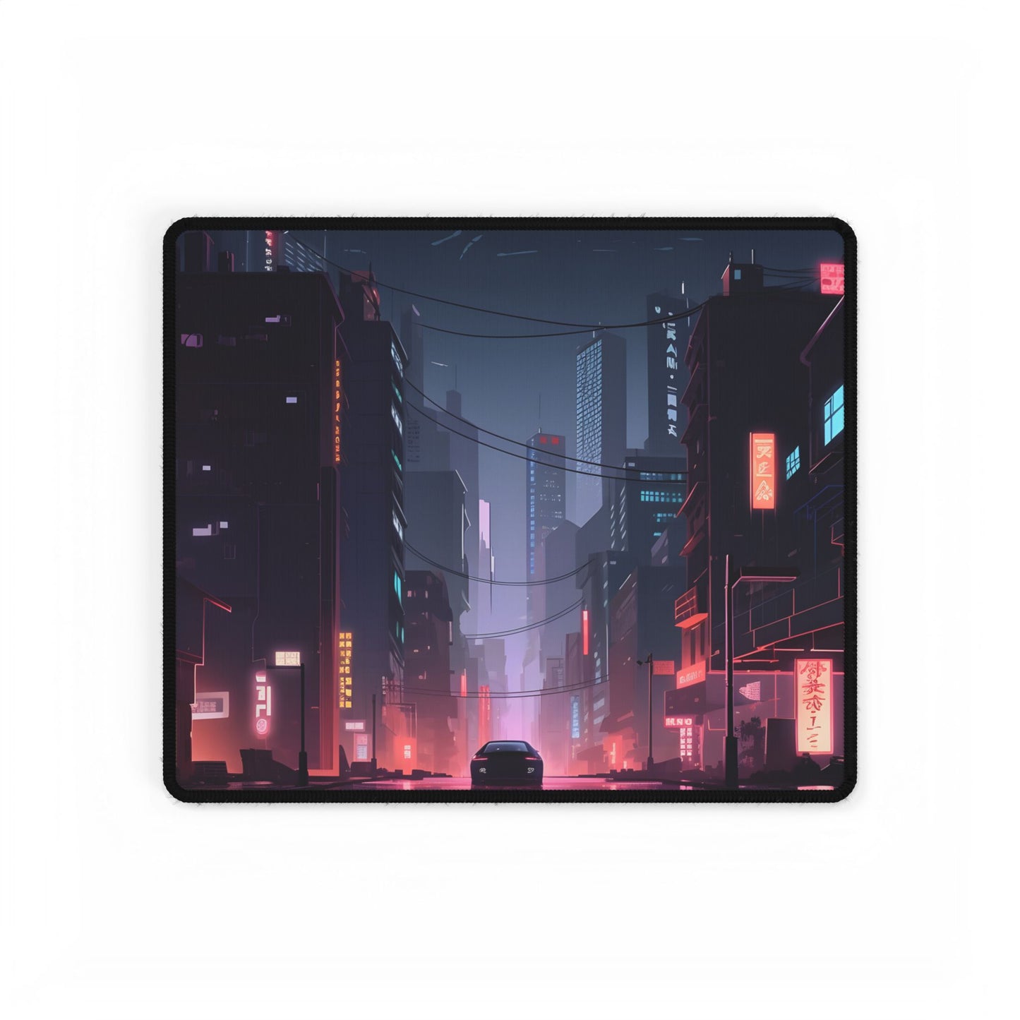 Cyberpunk Night: Melancholic Urban Landscape Artwork - Desk Mat