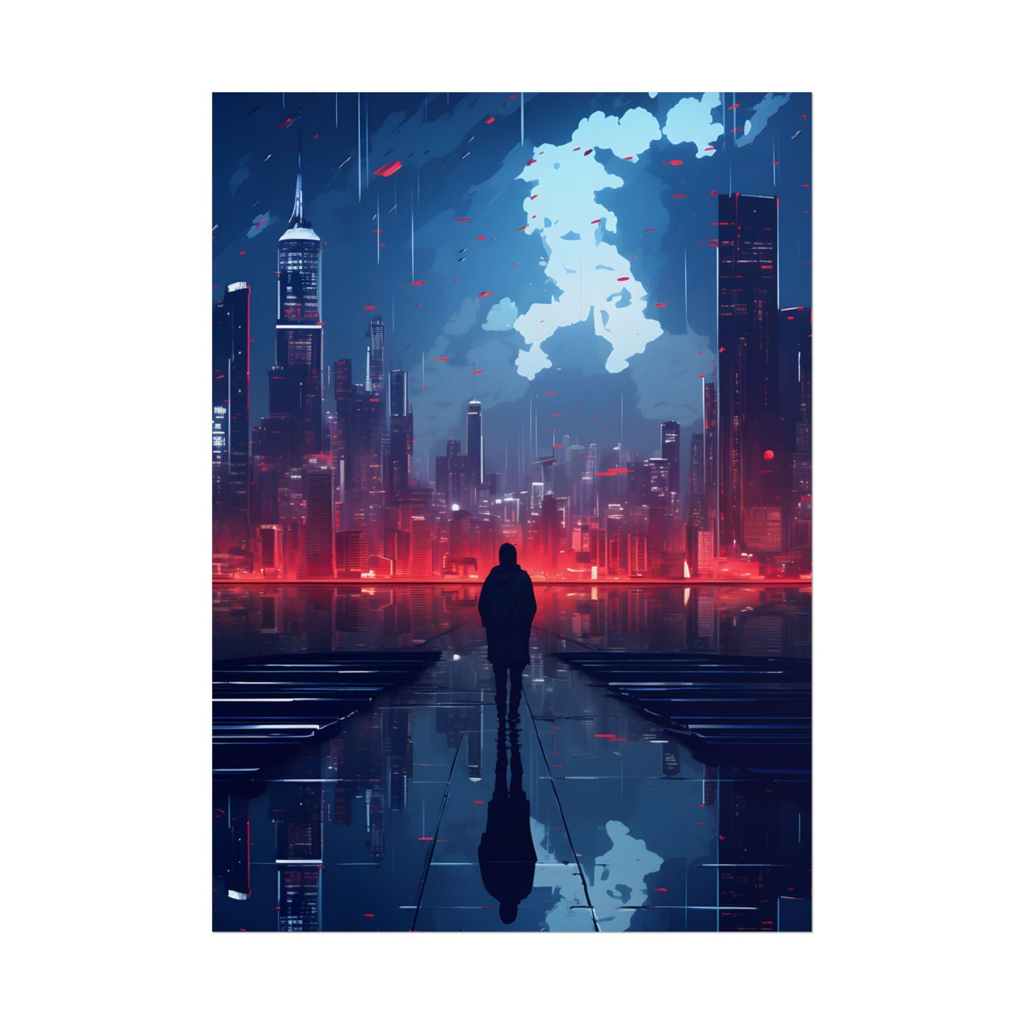 Cyberpunk Night Cityscape: A Melancholic Moment - Poster