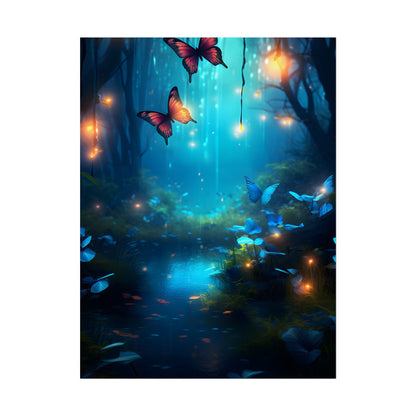 Moonlit Night Forest: Glowing Foggy Fantasy Bokeh Art - Poster
