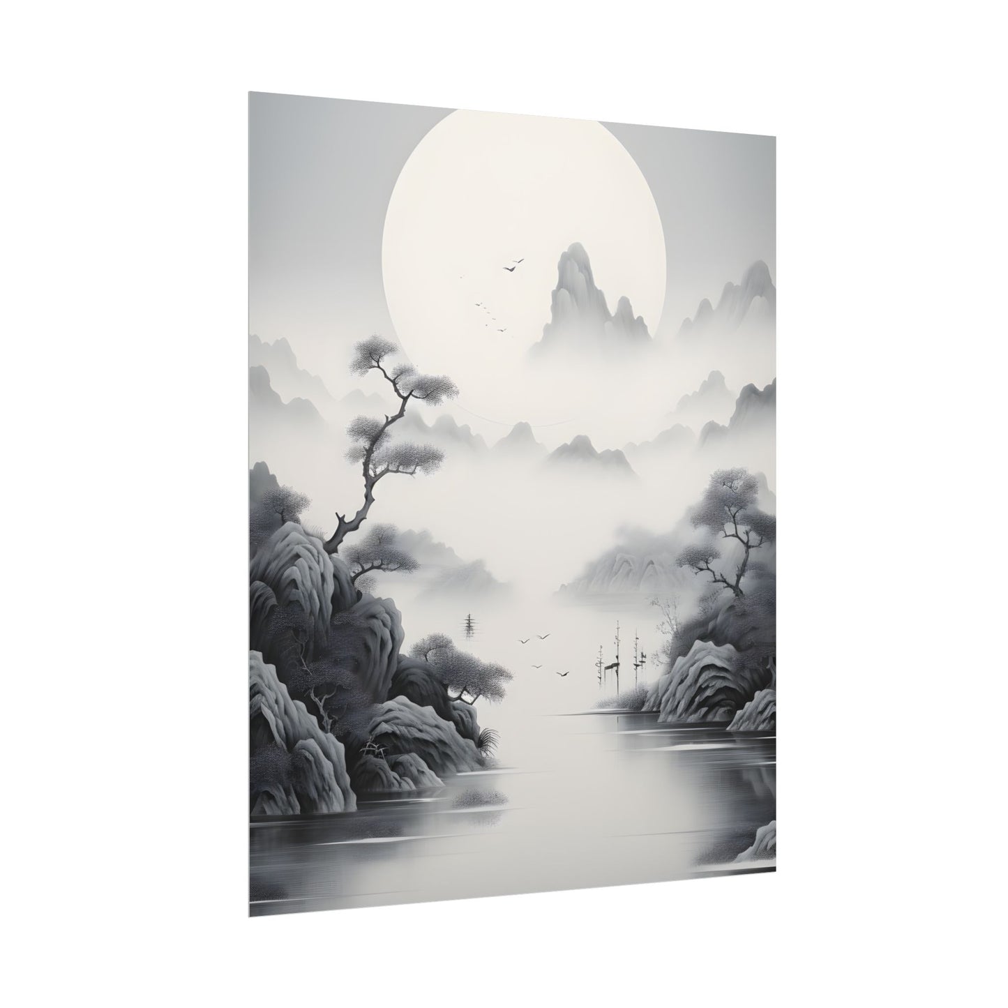 Chinese Ink Mirror Landscape: Serene Artwork - Poster