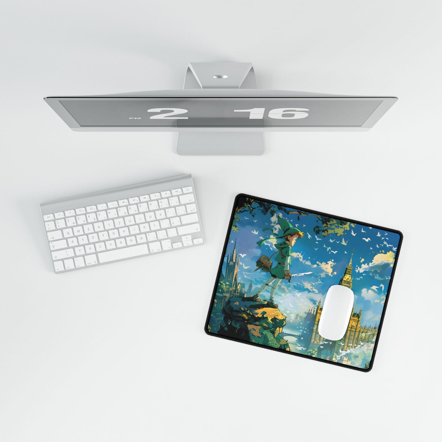 Whimsical Boy in Green: Colorful Illustration Artwork - Desk Mat