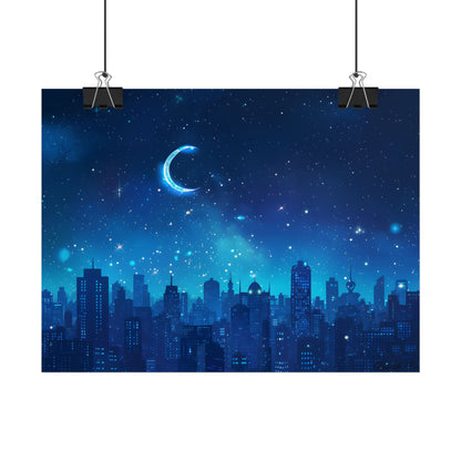 Peaceful Night Sky with Crescent Moon: Starry Digital Art - Poster