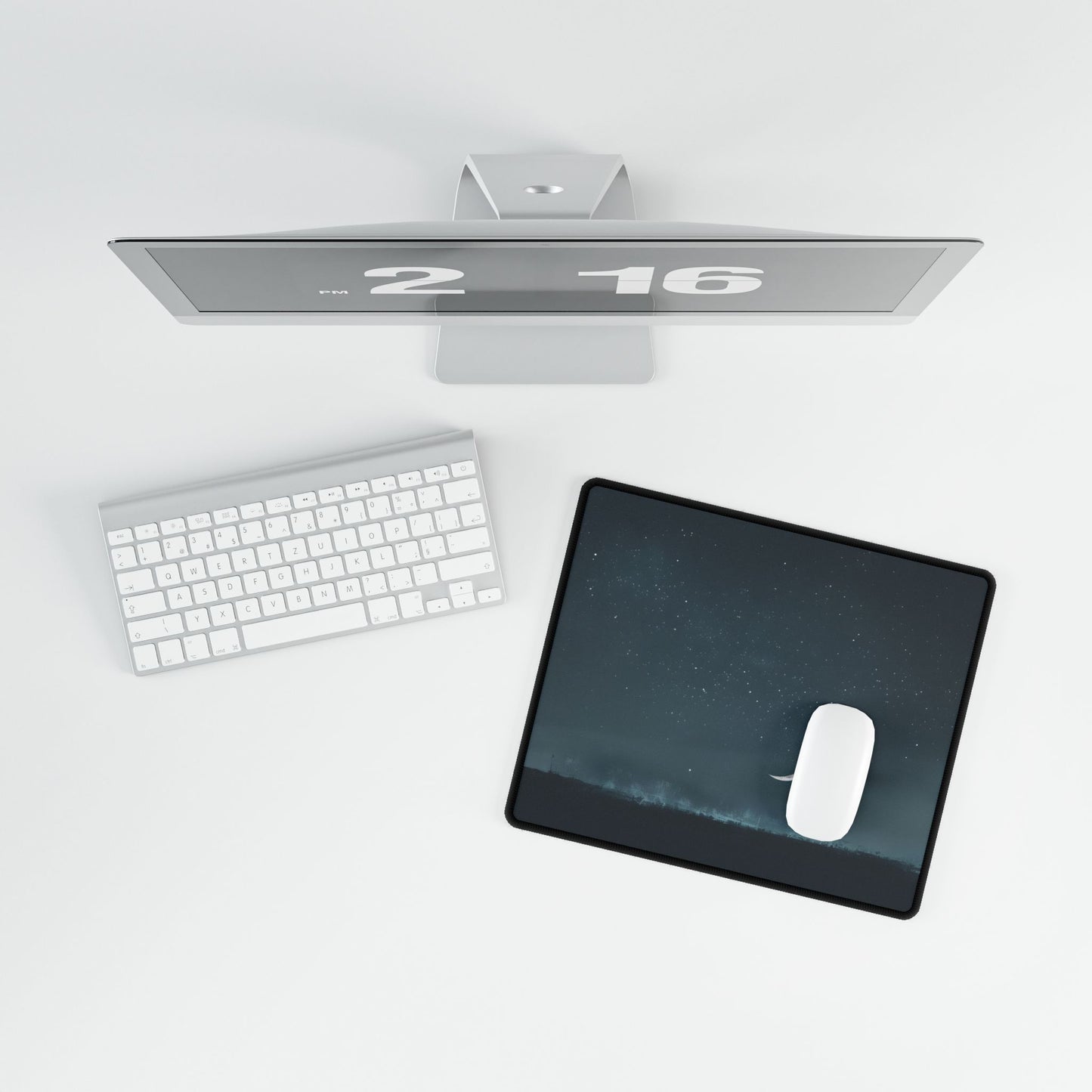 Minimalist Night Tree: Soft Lighting in Blue-Gray Skies - Desk Mat