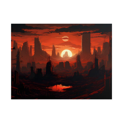 Cyberpunk Nighttime Cityscape: Burning City Digital Art - Poster