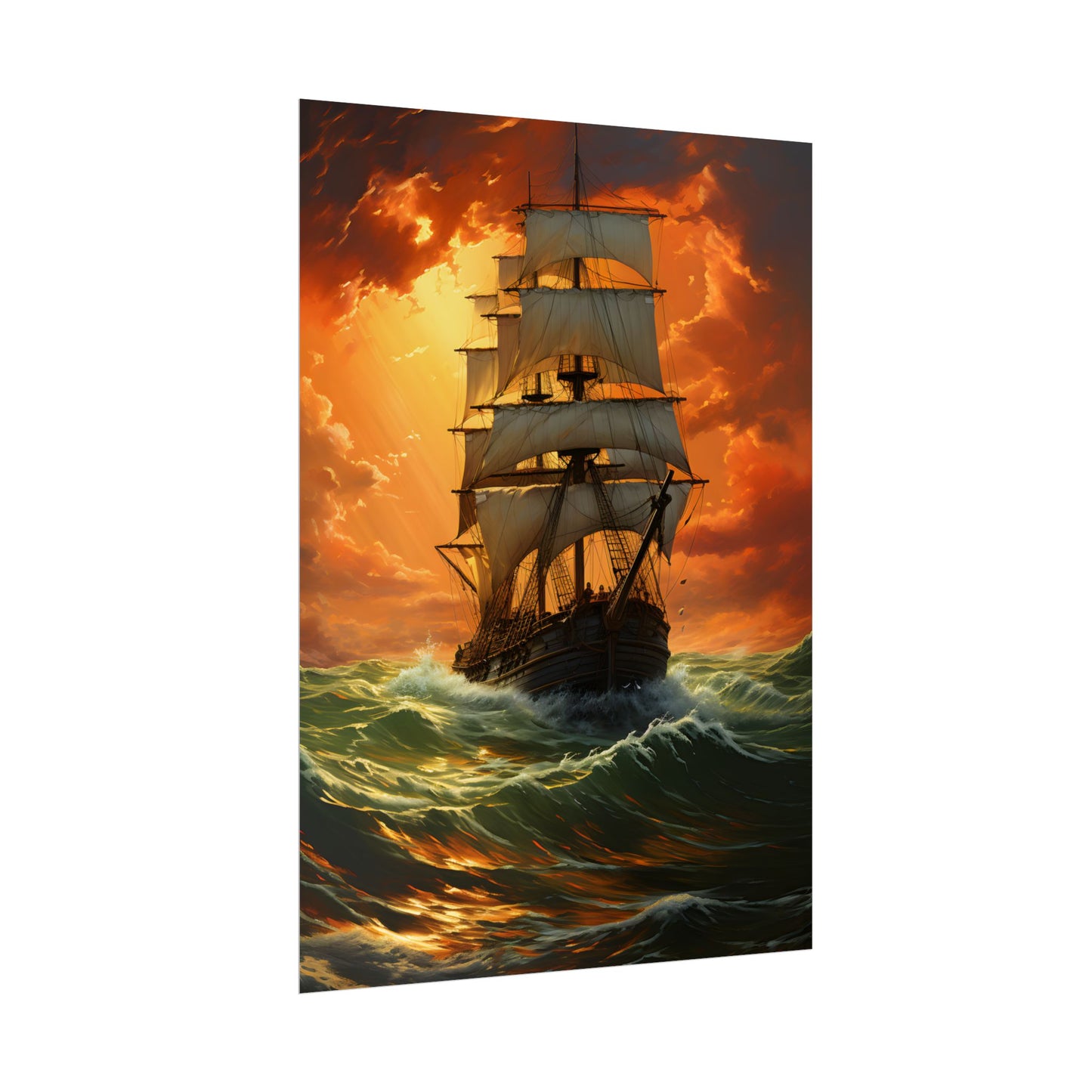 Nature's Serenity: Realistic Oil Painting of a Green Ship - Poster
