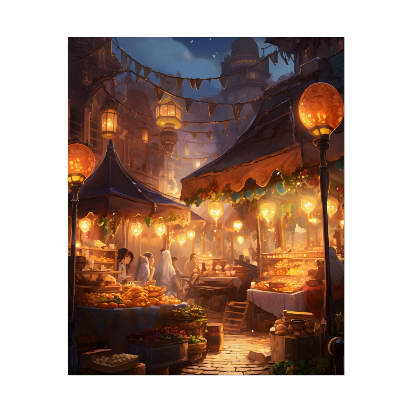 Magical Street Food Market: A Colorful Nighttime Scene - Poster