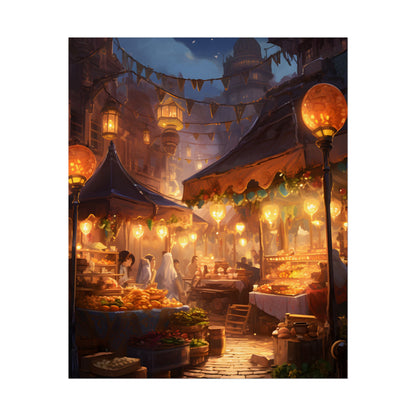 Magical Street Food Market: A Colorful Nighttime Scene - Poster