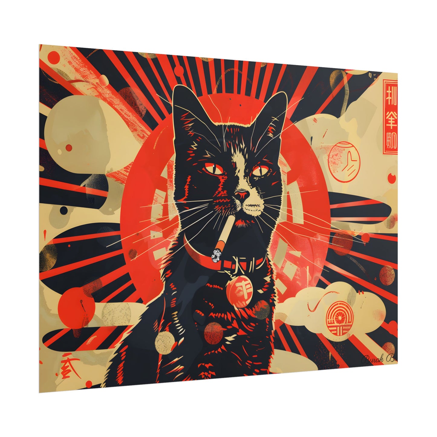 Vintage Whimsy: Cat Smokes Cigarette on Blue Background - Poster