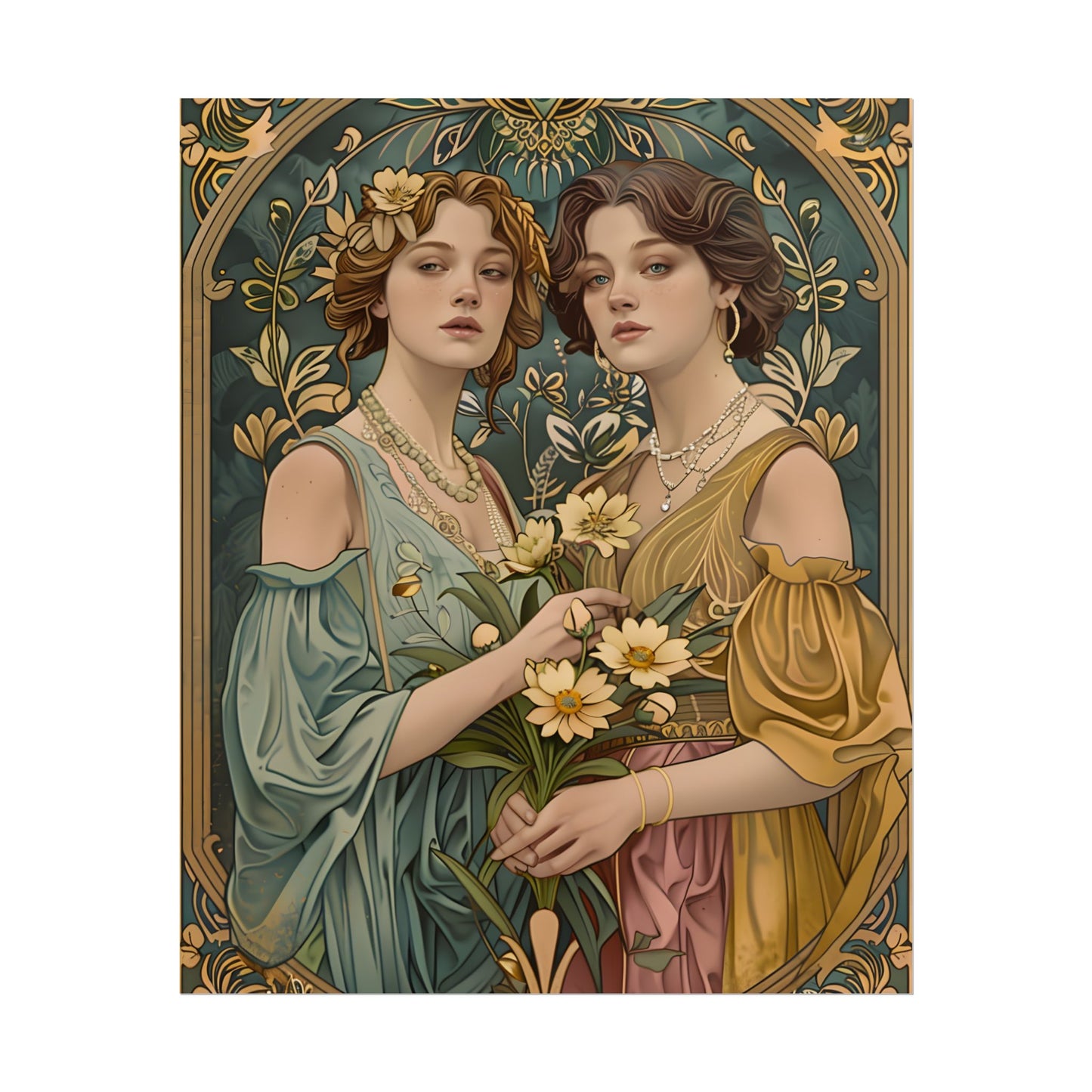 Two Women in Ornate Attire Holding Primr: Traditional Turkish Artwork - Poster