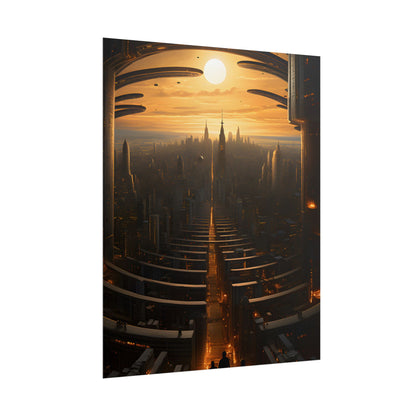 Dystopian Utopia: Futuristic Cityscape with Dark Facade - Poster