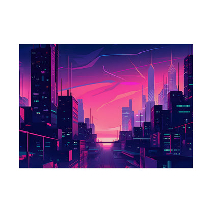 Melancholic Cyberpunk Cityscape: Neon Night Digital Art - Poster