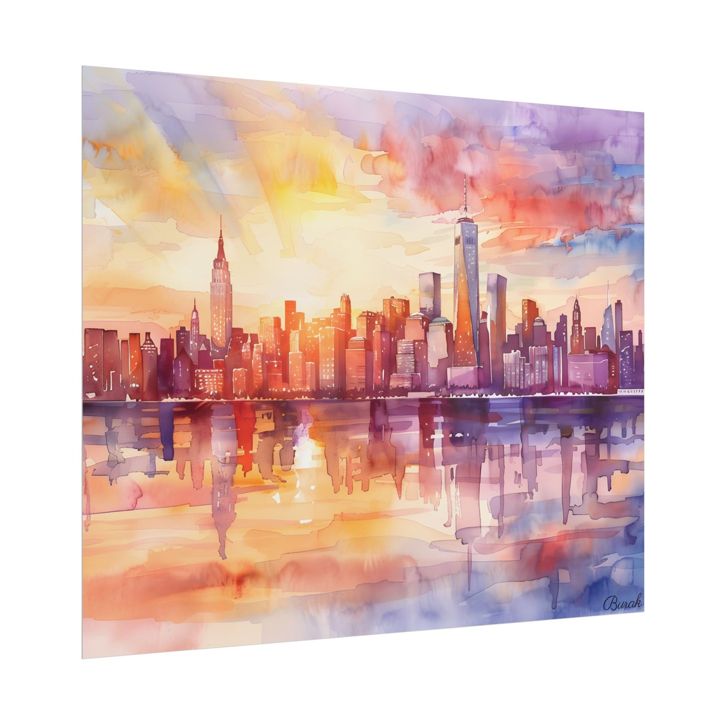 Watercolor Sunset New York City Skyline: Beautiful Artwork - Poster