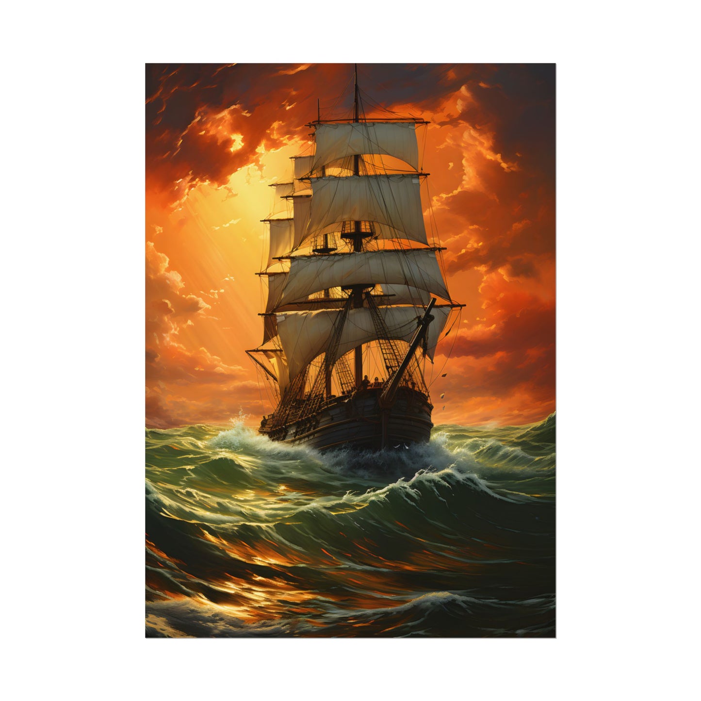 Nature's Serenity: Realistic Oil Painting of a Green Ship - Poster