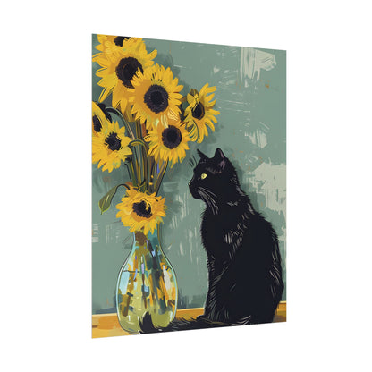 Whispers in the Sun: A Black Cat's Serene Moment with Sunflowers - Poster