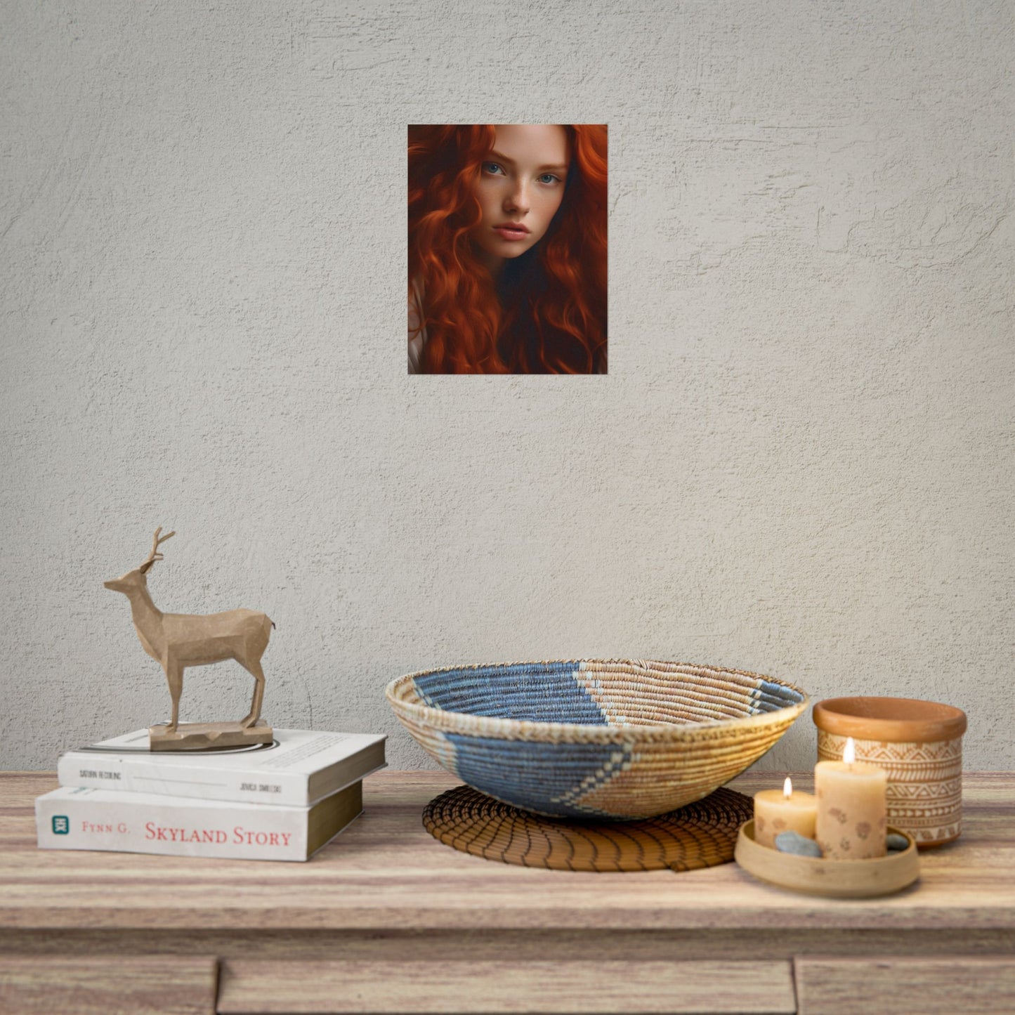 Feminine Portrait: Redheaded Woman in Light Blue - Poster