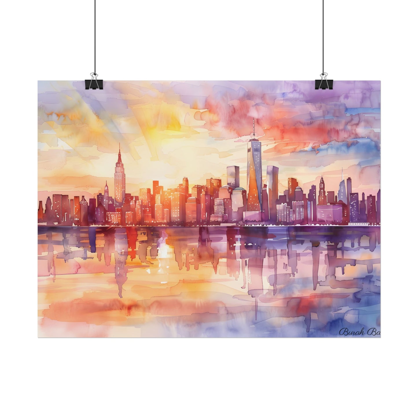 Watercolor Sunset New York City Skyline: Beautiful Artwork - Poster