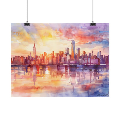 Watercolor Sunset New York City Skyline: Beautiful Artwork - Poster