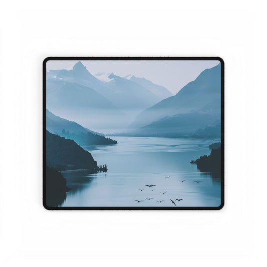 Serene Mountain Lake: Vibrant Birds Eye View Art - Desk Mat
