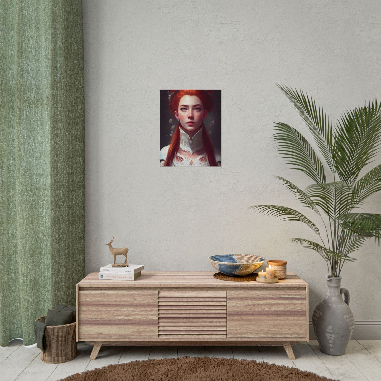 Soft Glow Redhead Portrait: Elegant Female Artwork in Dress - Poster