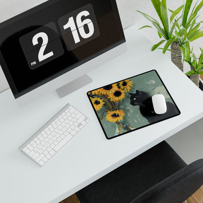 Whispers in the Sun: A Black Cat's Serene Moment with Sunflowers - Desk Mat