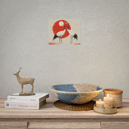 Serene Wildlife Sanctuary: Cranes in Red Nature Scene Art - Poster