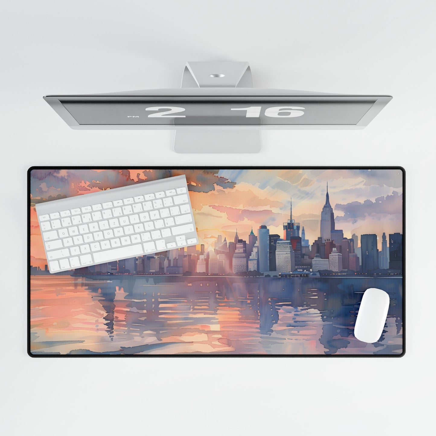 Watercolor New York City Sunset: Golden Hour Artwork - Desk Mat