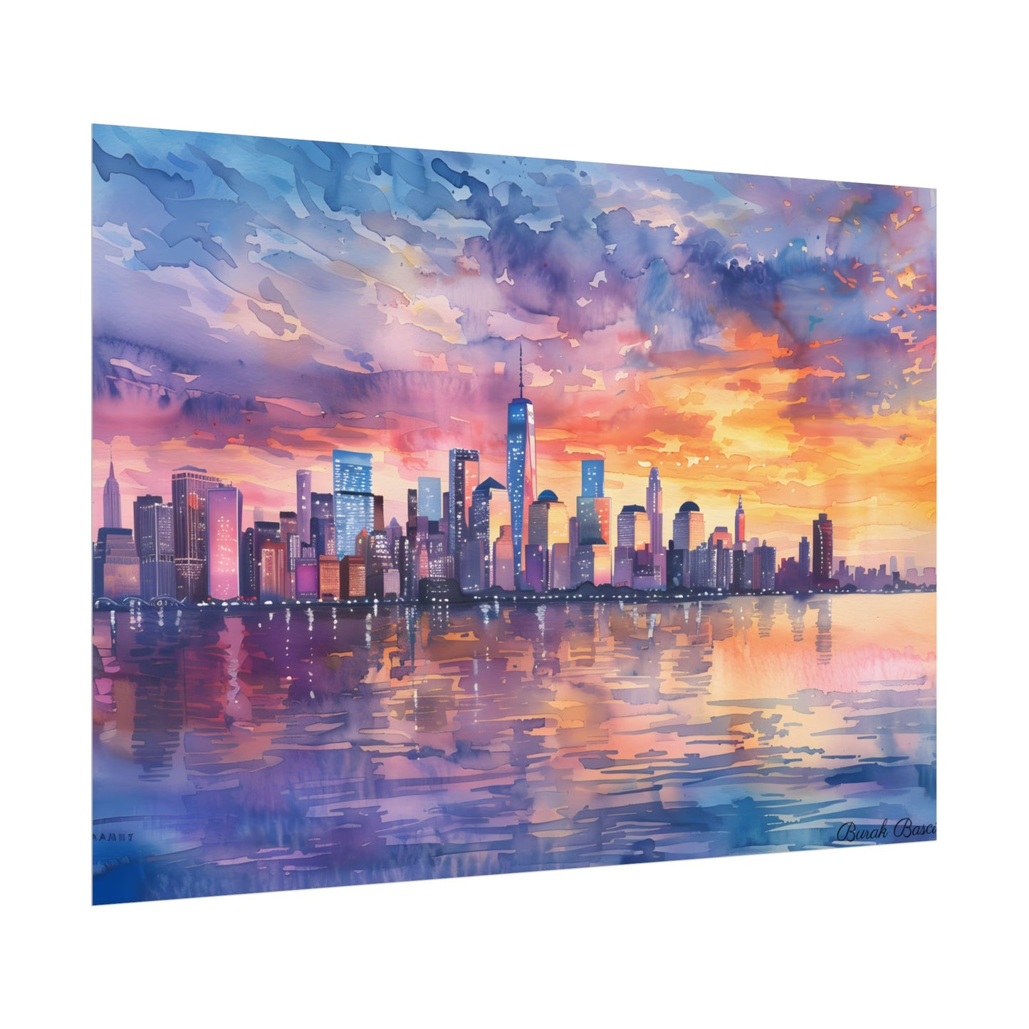 Serene NYC Sunset: Watercolor Skyline Reflections - Poster