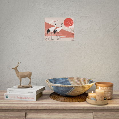Serene Landscape with Cranes: Peaceful Nature Art - Poster