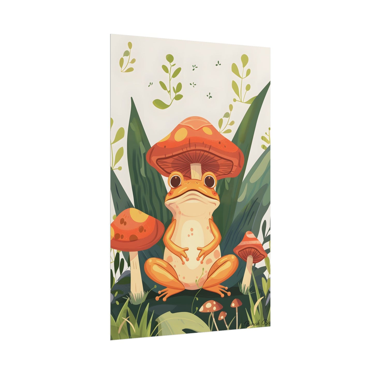 Retro Whimsy: Frog & Mushrooms in Close-Up Charm - Poster