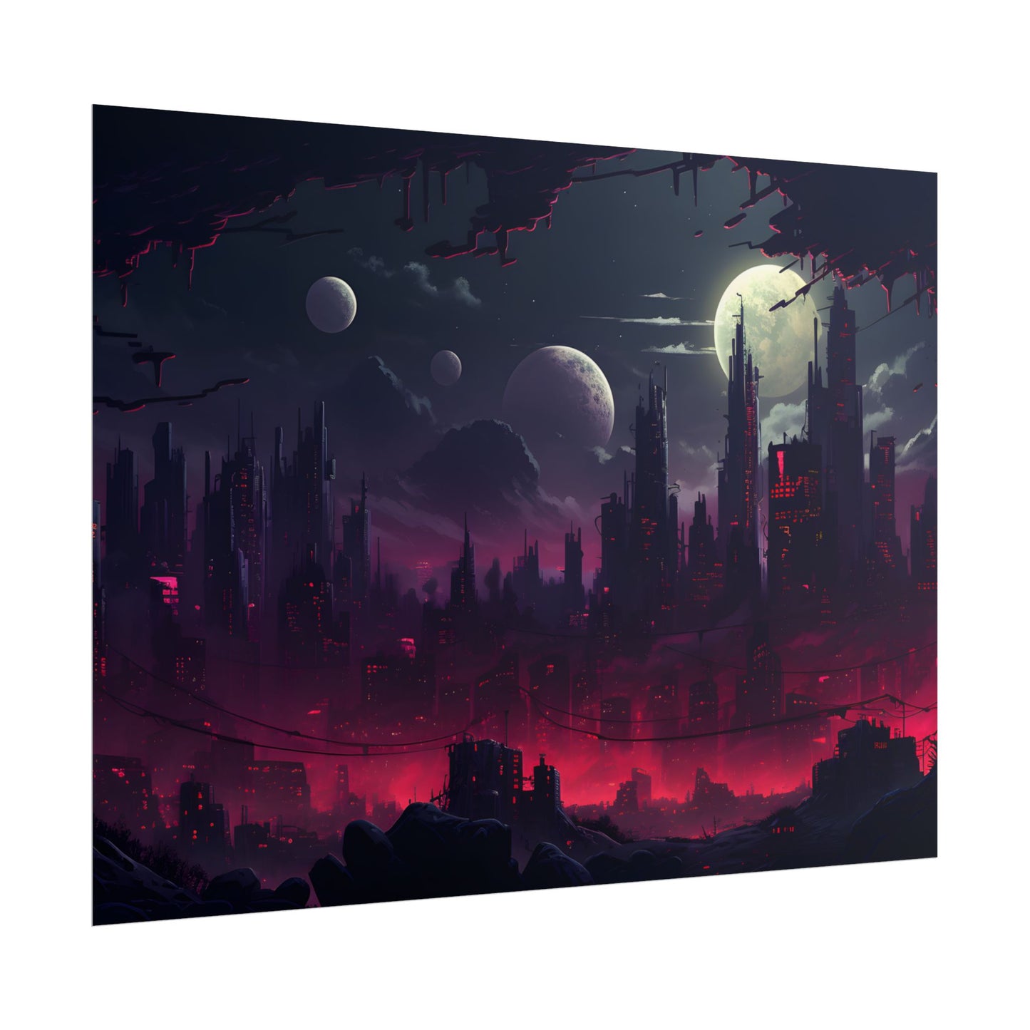 Burning Cyberpunk Cityscape at Night: Digital Art - Poster