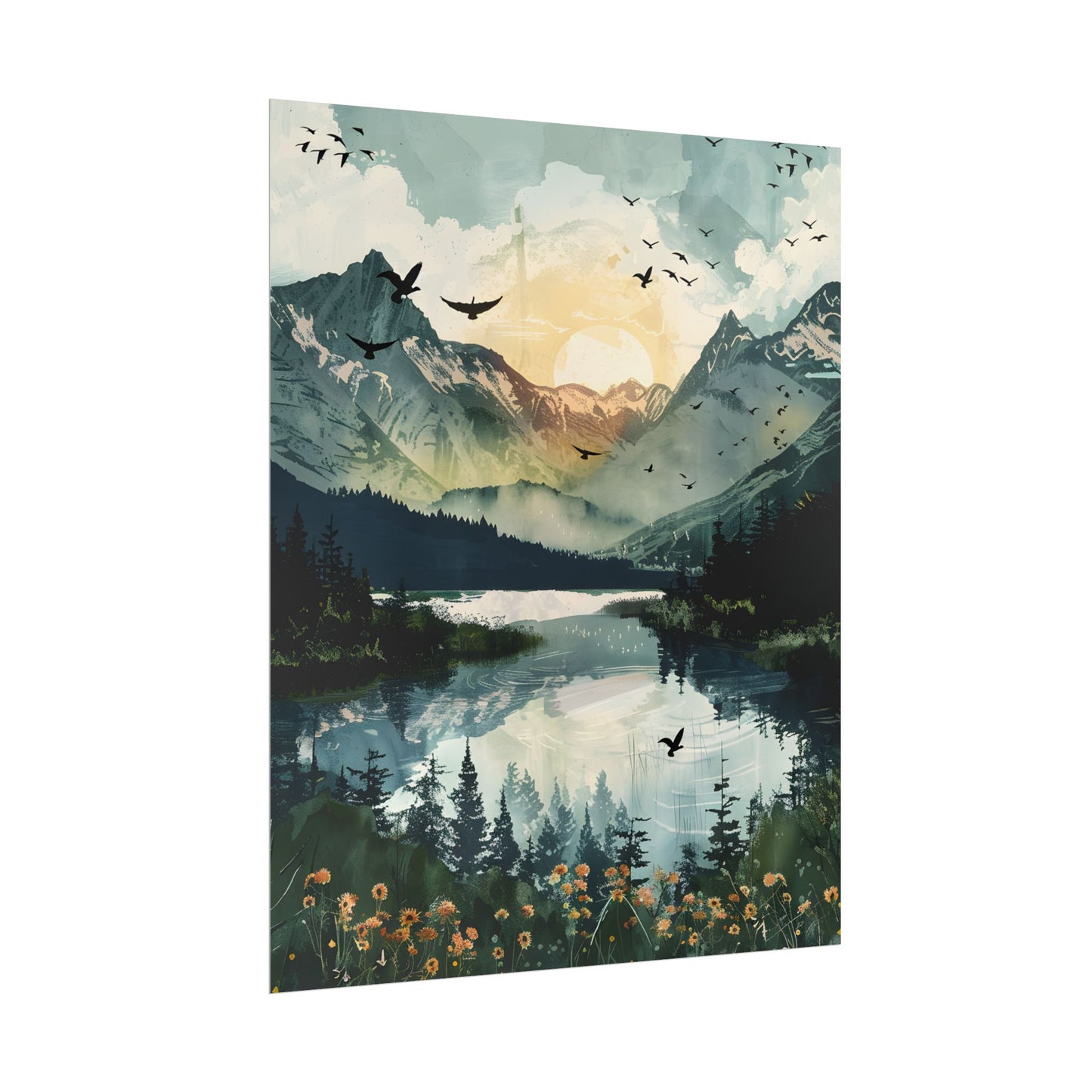 Serene Mountain Lake: Birds in Flight - Natural Art - Poster