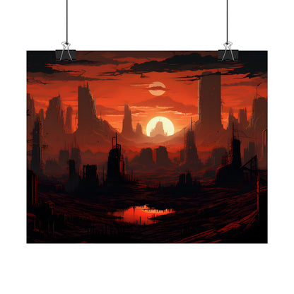 Cyberpunk Nighttime Cityscape: Burning City Digital Art - Poster