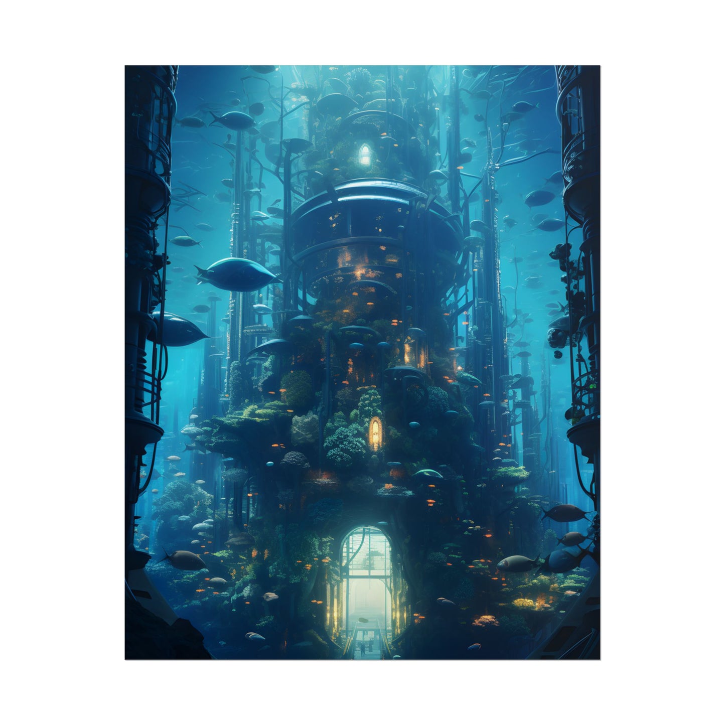 Futuristic Underwater City: Blue Horizon Digital Art - Poster