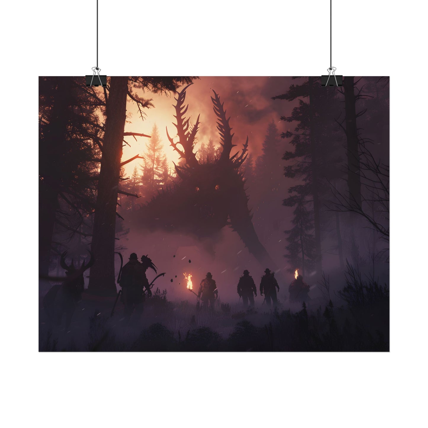 Serene Forest Sunset: Group Walking Through Misty Landscape - Poster