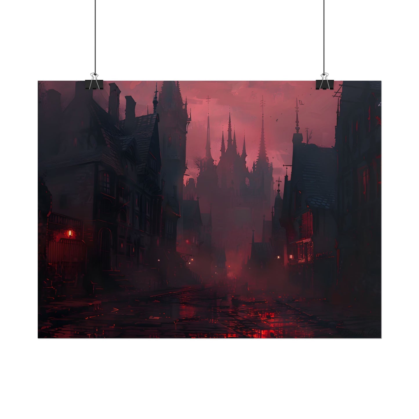 Dark Gothic Cityscape: A Serene Misty Dusk Scene - Poster