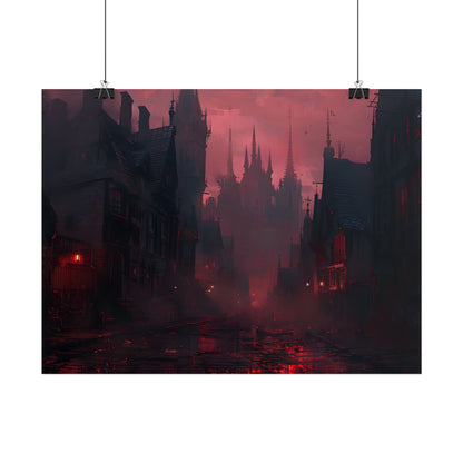 Dark Gothic Cityscape: A Serene Misty Dusk Scene - Poster